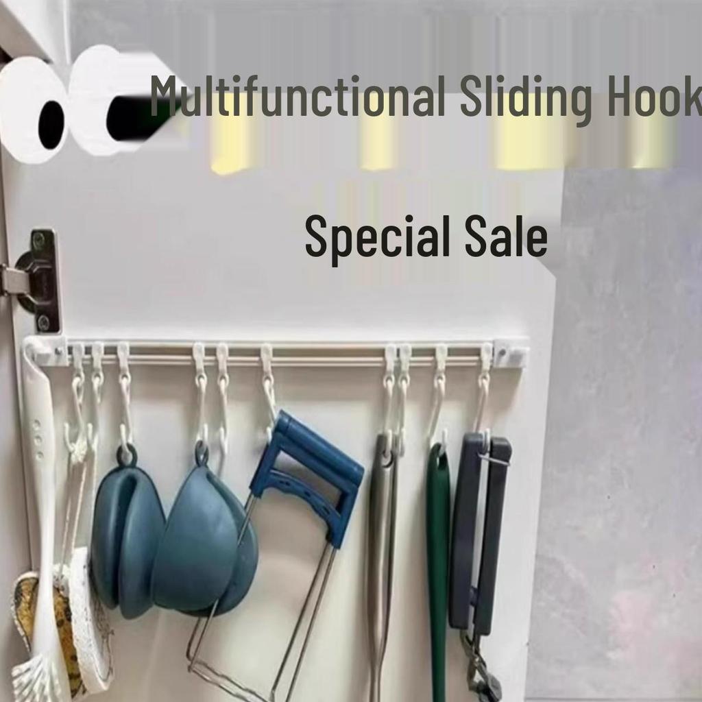 Adhesive Wall-Mounted Kitchen Rack with Sliding Hooks for Utensils