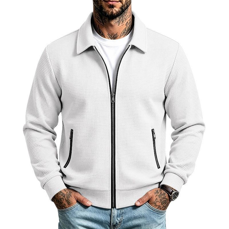 Men S Loose Fit Lapel Zip Pocket Waffle Knit Jacket