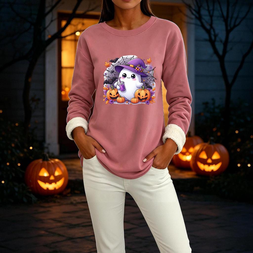 Women's Lined Round Neck Long Sleeve Halloween Print Casual Top for Winter