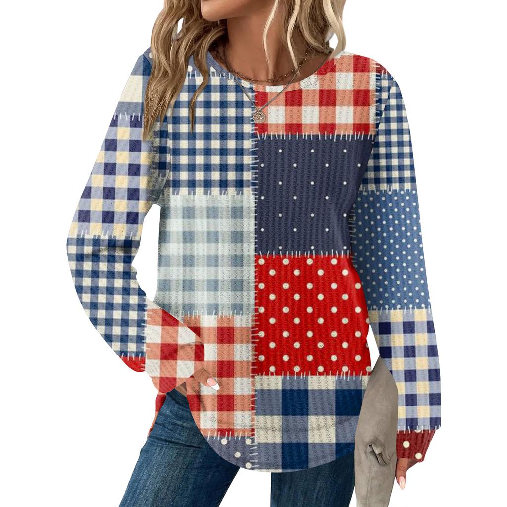 Dámský kostkovaný top s kulatým výstřihem, dlouhým rukávem, ležérního volného střihu