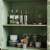 Minimalist buffet cabinet with two glass doors and drawers, wooden sideboard for living room, dining room, hallway and entrance area (mint green)
