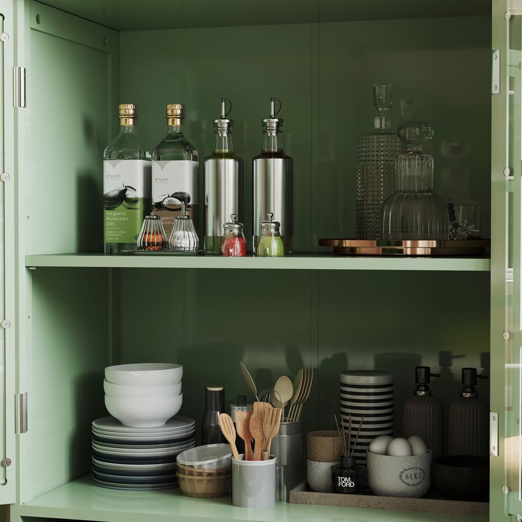Minimalist buffet cabinet with two glass doors and drawers, wooden sideboard for living room, dining room, hallway and entrance area (mint green)