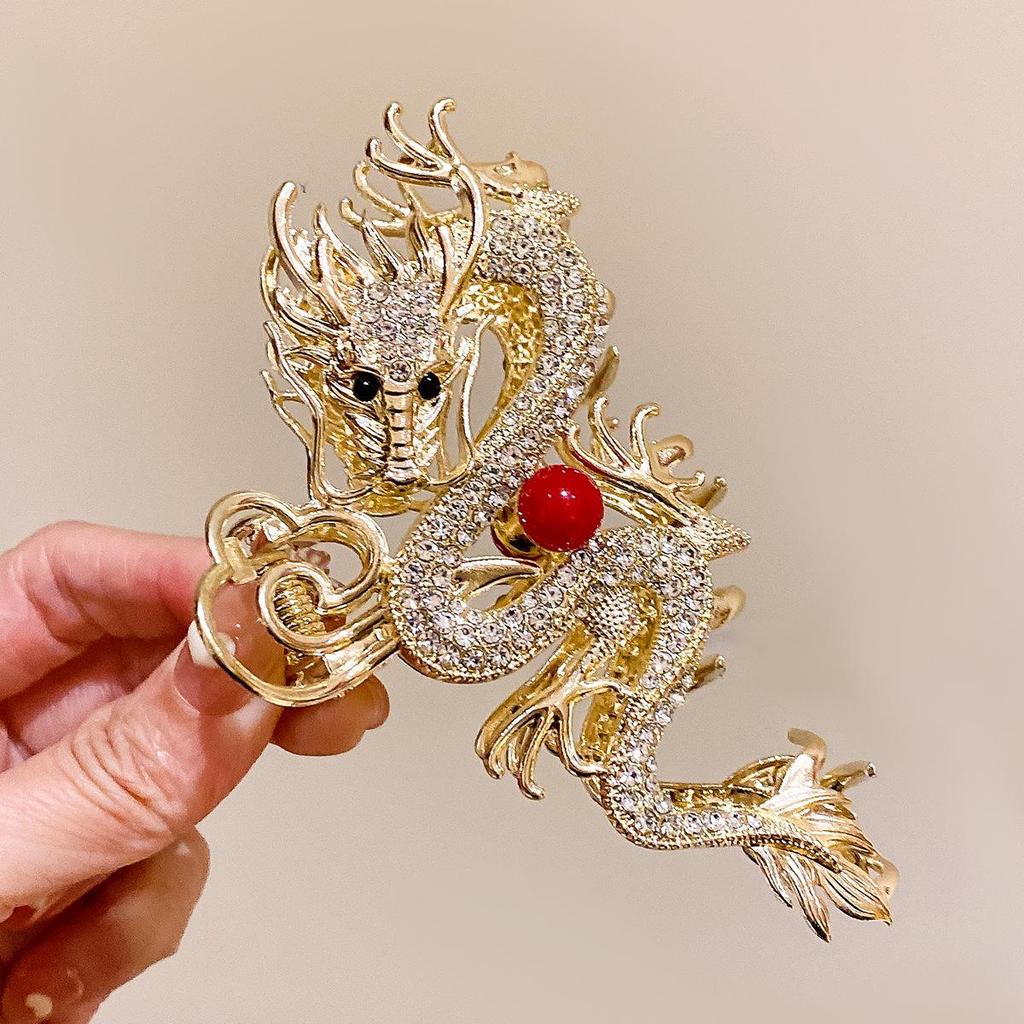 "Elegante Fermaglio per Capelli Anno del Drago: Pinza per Capelli a Forma di Squalo Stile Cinese con Strass di Alta Gamma per Donne"