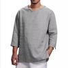 Men Linen Blend V Neck T Shirt Three Quarter Sleeve Solid Color Loose Fit Casual Top With Side Pockets