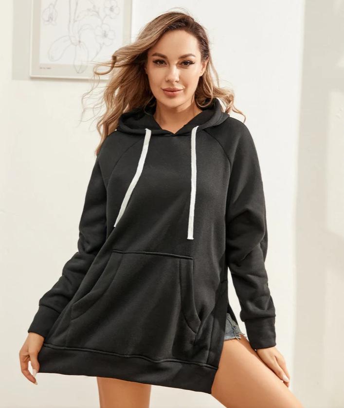 2024 Women's Solid Color Hooded Split Shoulder Sleeve Fleece Sweatshirt for Autumn and Winter