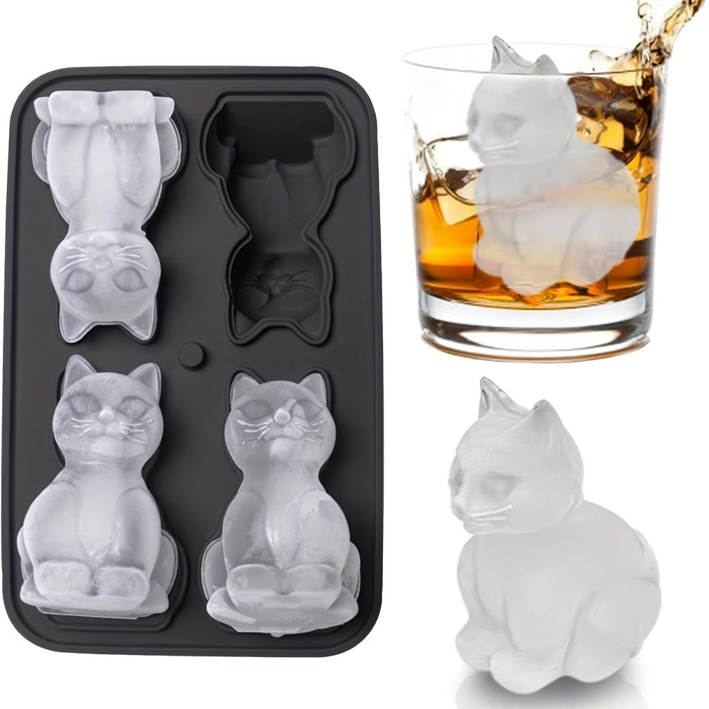 Cat Ice Cube Tray, 3D Silicone Cat-Shaped Ice Mold, 4 Cavity Large Fun Ice Cube Maker for Whiskey Bourbon, Black