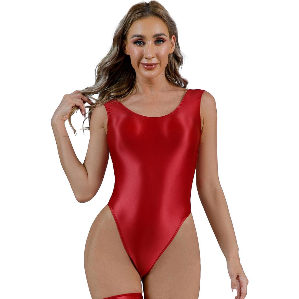 Womens Backless Glossy Bodysuit High Cut Swimwear Sleeveless Leotard for Pool Yoga Sports