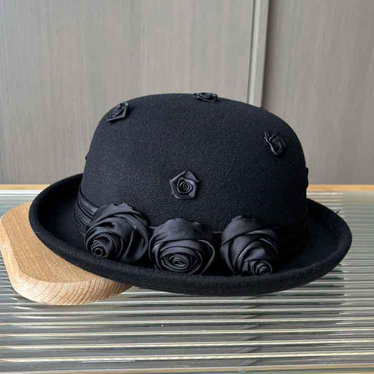 Fashion Dome Crimped Felt Top Hat Elegant Rose Decoration Fashion Hat Women's Autumn and Winter Woolen Woolen Pot Hat