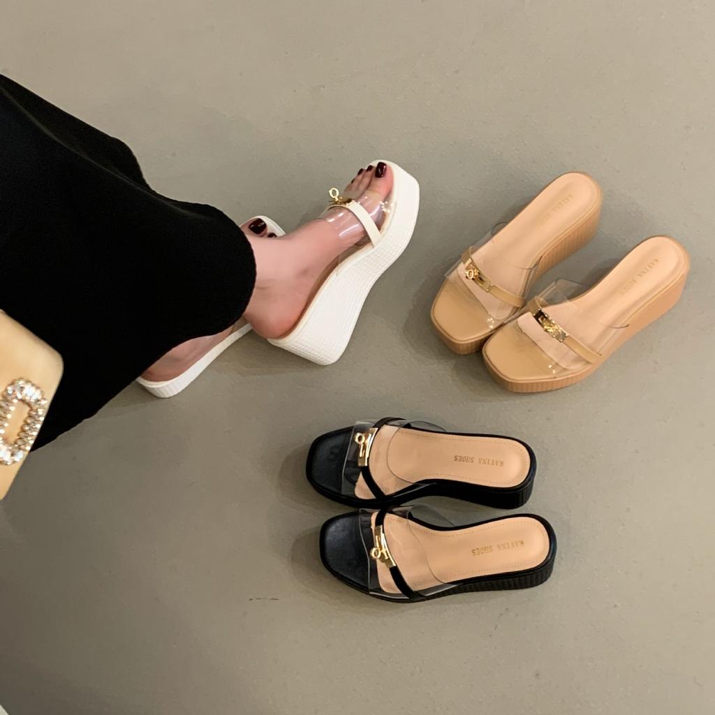 2026 Internet Celebrity Summer New Fashion Outer Wear Thick-soled Wedge Sandals Waterproof Table Women's Shoes Transparent High-heeled Cool Slippers