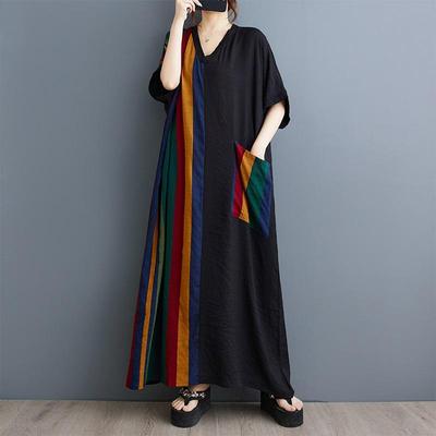 Short Sleeve Plus Size Cotton Satin Vintage Patchwork New In Dresses for Women Casual Loose Maxi Long Summer Dress