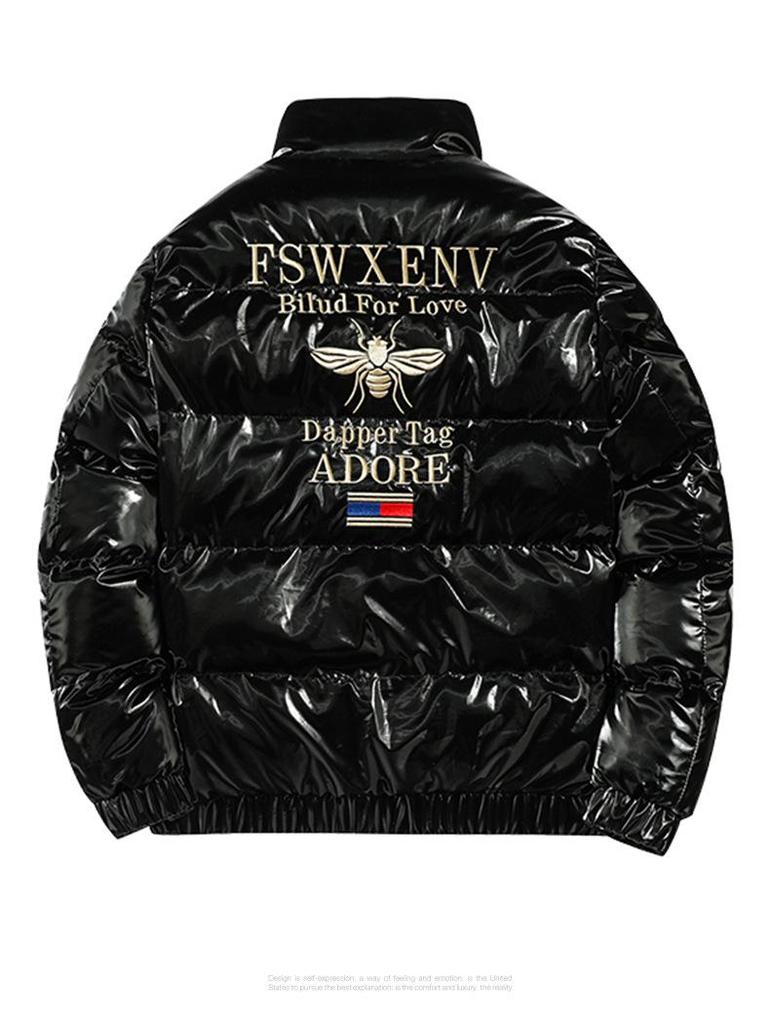 European Style Little Bee Embroidered Men's Winter Jacket - Korean Trendy Thick Down Cotton Coat