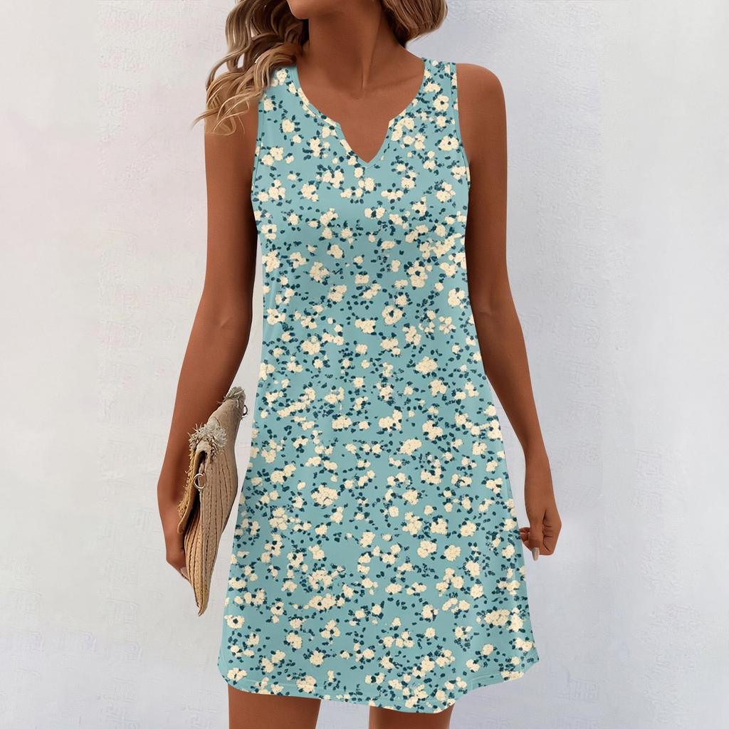 Women Summer Dresses V-Neck Print Sleeveless Sundress Casual Dress