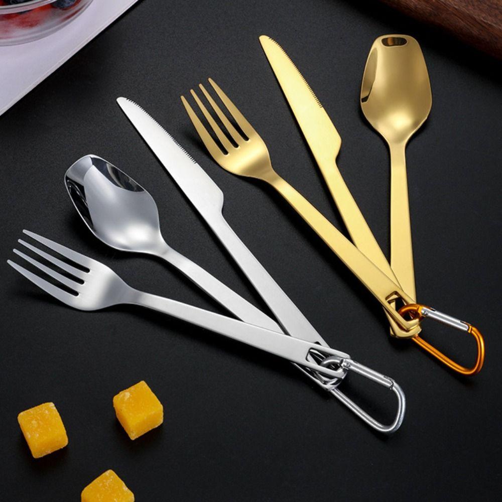 3pcs/set with Carabiner Camping Cutlery Set Stainless Steel Tableware Set  Hiking