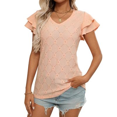 Fresh Summer Women's Solid Color V-neck Sweet Short Sleeved T-shirt Hollowed Out Top