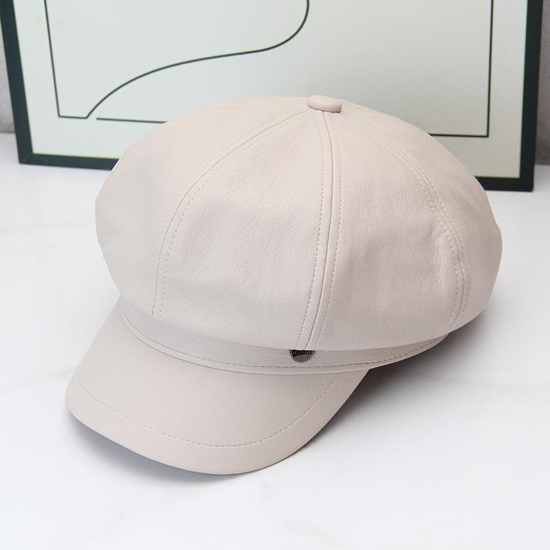 Retro leather octagonal hat female autumn and winter British newsboy hat showing face small painter hat versatile PU leather beret
