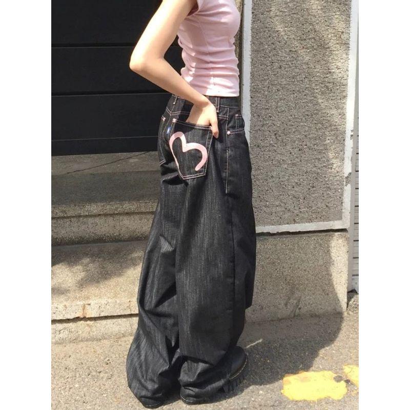 

Plus-Size American Retro Pocket Heart-Shaped Denim Jeans for Women, 2026 New High-Waisted Straight-Leg Casual Wide-Leg Floor-Length Pants Dark Blue S [Recommendation 40-47.5kg]