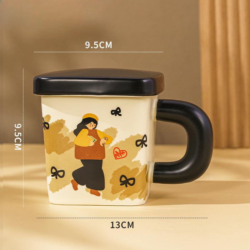 Cream Glue Square Couple Cup Ceramic Pair Mug with Lid Gift Cute Retro Boy and Girl