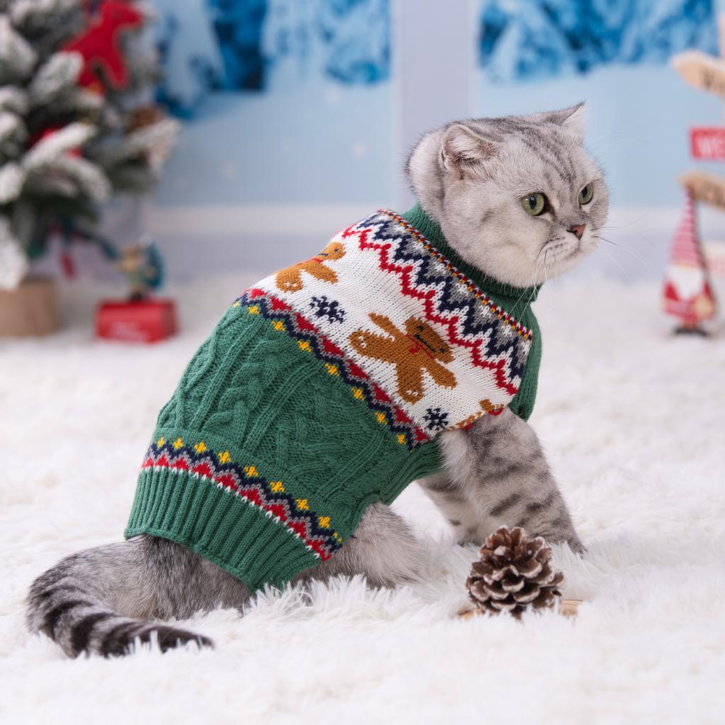 Pet Christmas Clothes in Red and Green Gingerbread Man Reindeer Sweater for Small Dogs and Cats, Winter Warmth