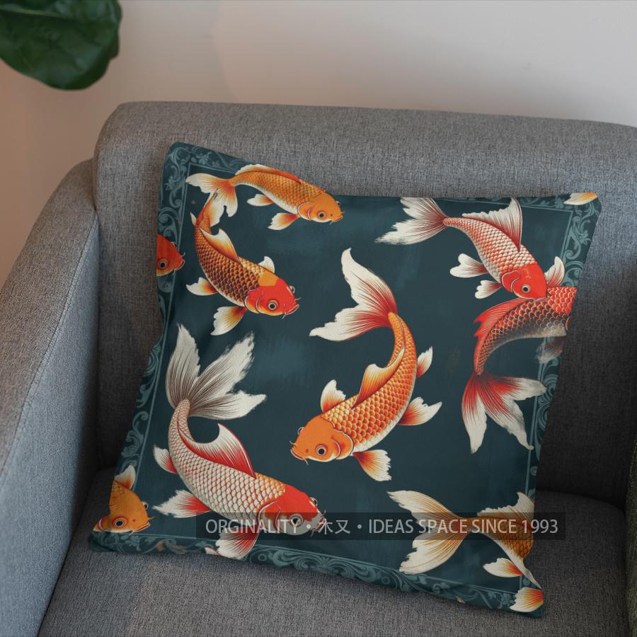 2D Colorful Koi Fish Pattern Decorative Pillow Cover Pattern Cushion Cover Suitable For Sofa Bedroom Car Pillow Cover