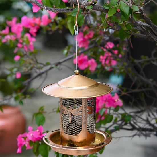 Bird Feeder with Rainproof Roof Metal Feeder Large Capacity Grain Storage Bin And Tray Feeder for Outdoor Garden Patio