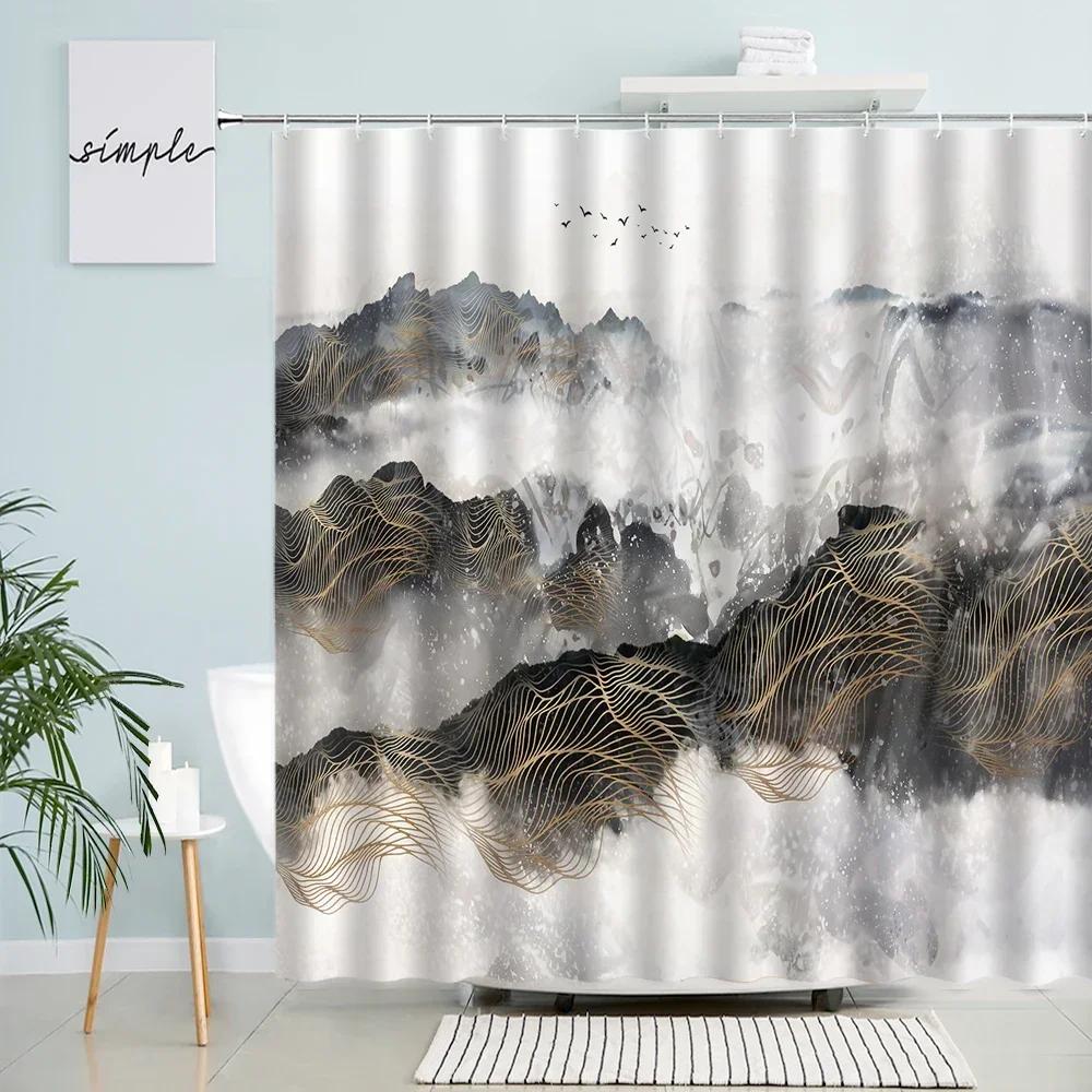 Chinese Ink Landscape Shower Curtain Japanese Cherry Blossom Watercolor Mountain Natural Scenery Waterproof Cloth Bathroom Decor