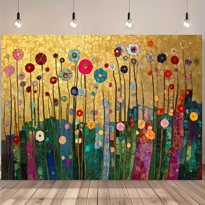 

2D Klimt Inspired Floral Backdrop, Modern Abstract Gold Flower Art Print for Home and Office 47.2x31.5inch/120*80cm