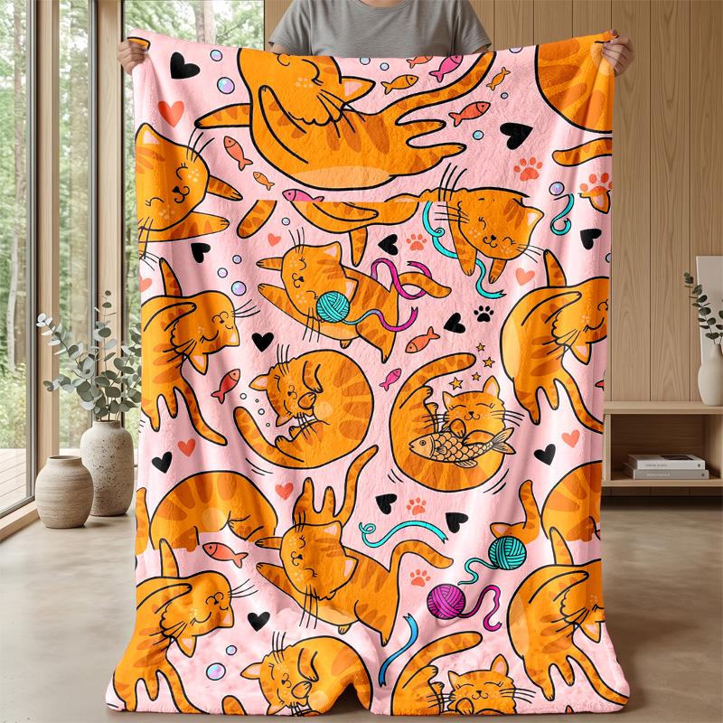 Orange Cats Pattern Theme blanket Lightweight Warm Flannel Blanket Decorative Throw Blanket for Home Decoration
