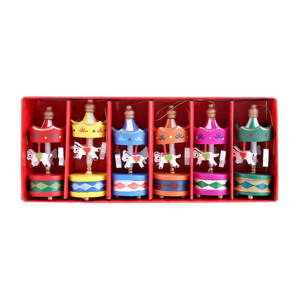 6 Pieces Wooden Carousel Ornament Christmas Tree Ornament Mini Music Box Figurine Carousel Ornament Wooden Material with Hanging Strap Carousel Wooden