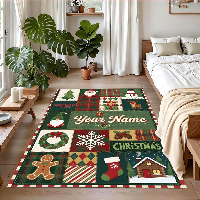 Christmas Custom Name Printed Square Area Rug Soft Non Slip Floor Carpet For Bedroom Holiday Gift