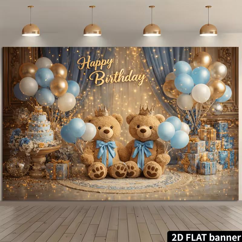 2D Flat Teddy Bear Birthday Banner, Blue Gold Scene for Baby Shower and Children's Party