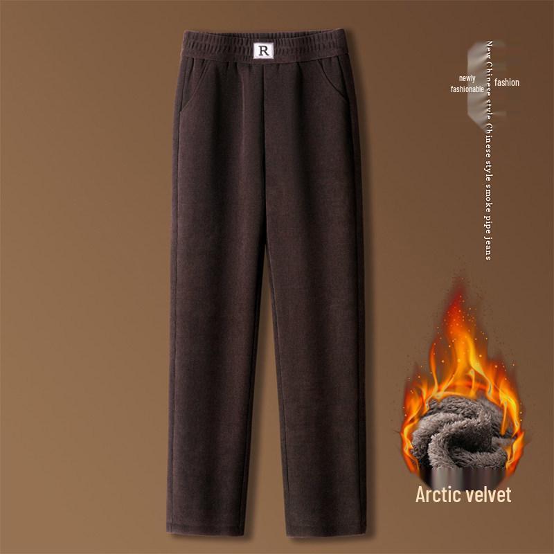 Mom's Fleece-Lined Cotton Pants, Thickened Straight-Leg, Warm Autumn/Winter Trousers for Middle-Aged/Elderly Women.