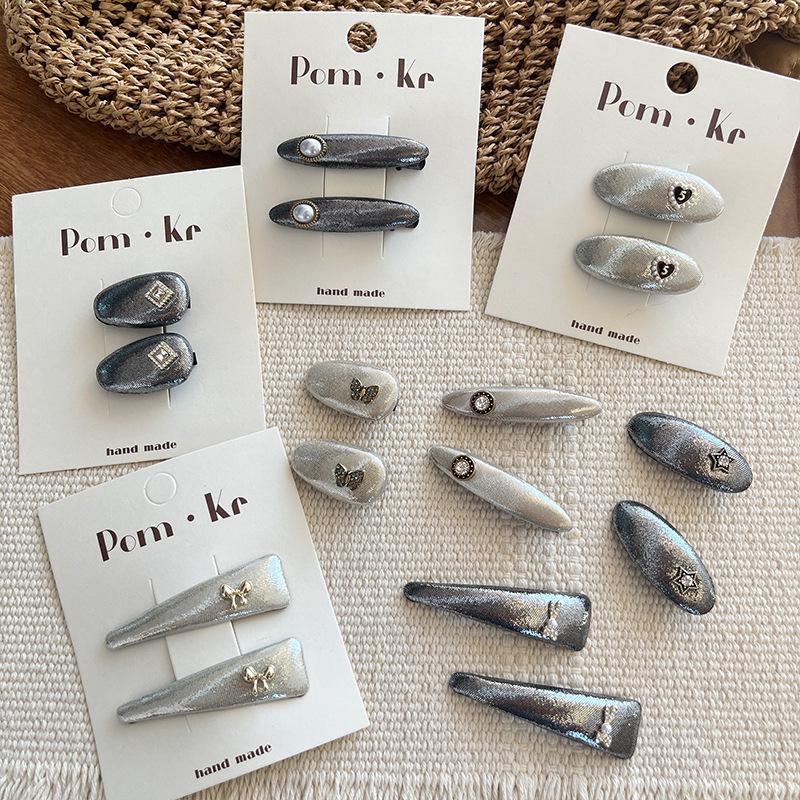 New Star Silver Leather Heart & Butterfly Diamond Hair Clip – Versatile Fashion Duckbill Hairpin