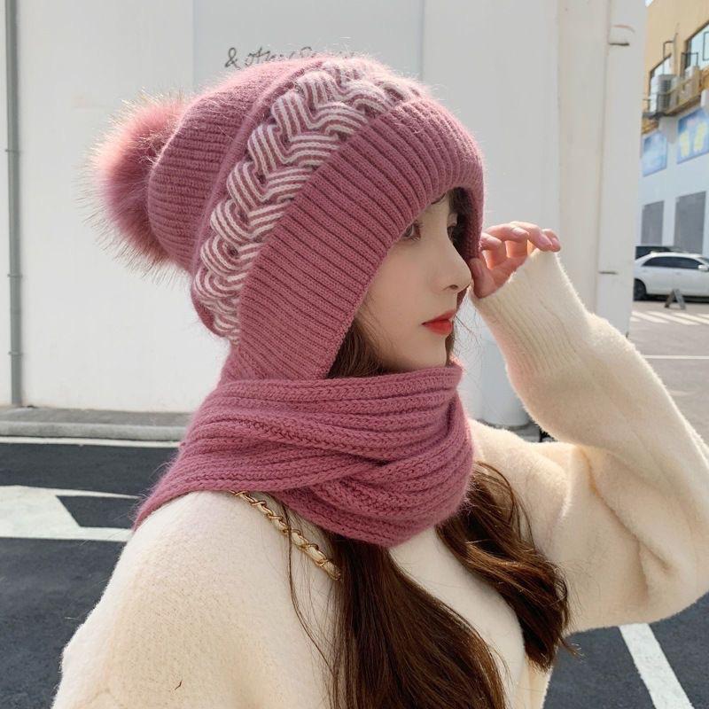Hat and Scarf Integrated Women's Winter Warm Versatile Autumn and Winter Wool Hat Fashion Trendy Velvet Winter Knitted Hat