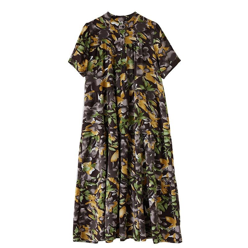 Summer New Round Neck Short-sleeved Single-breasted Casual Vacation Loose Pendulum Bohemian Foreign Trade Dress Women