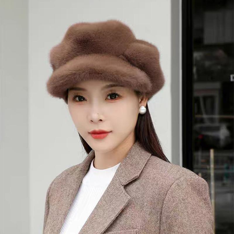 

Меховая шапка Зимняя Женская Теплая Шапки из Норки Натуральное Качество Женская Мода Шапка из Норки Женская Уличная Шапка коричневый