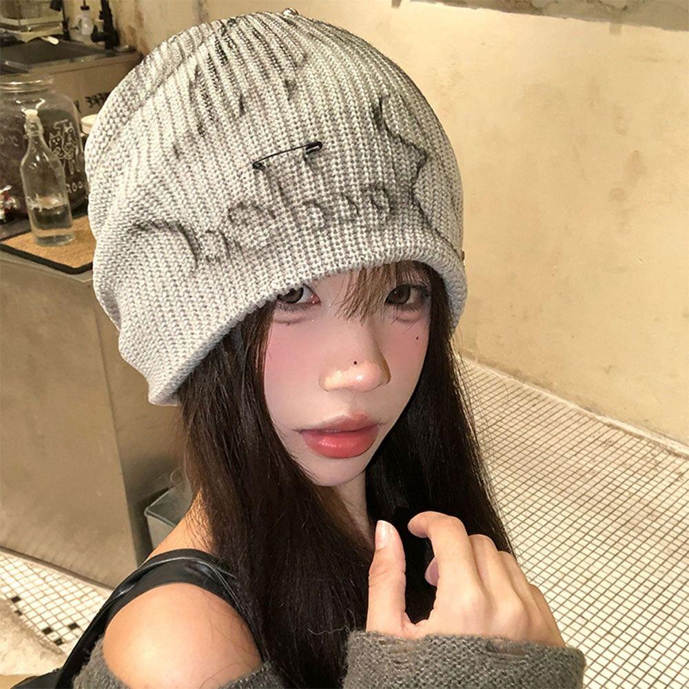 Cute Multicolor Knitted Wool Hat Letter Big Head Circumference Stacked Hat Painting Bowknot Foldable Knit Hat Girl