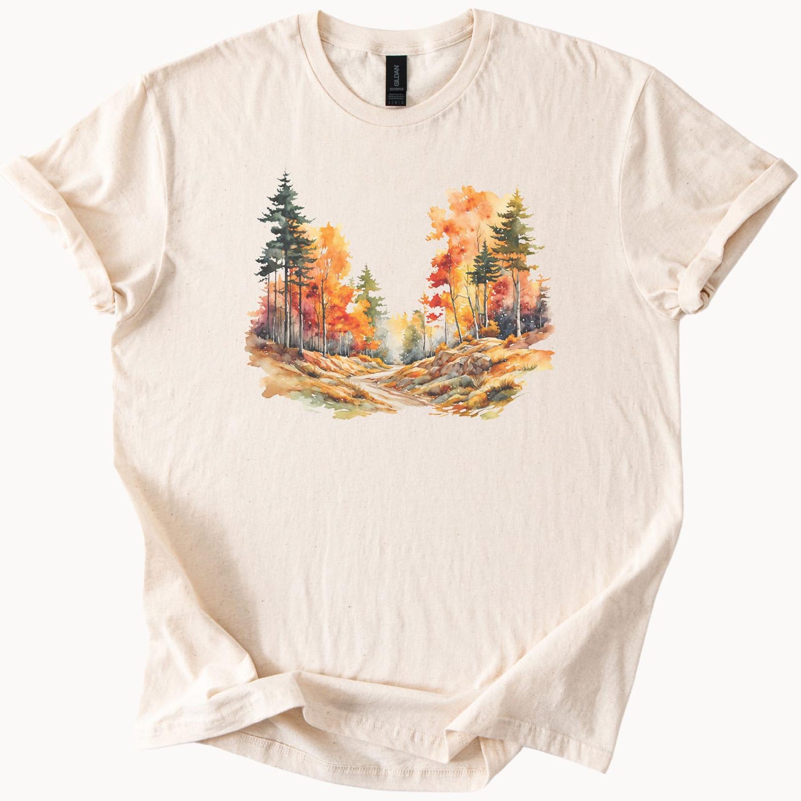 Autumn Forest Path Graphic T Shirt Fall Trees Nature Scene Watercolor Style Outdoorsy Hiking Adventure Tee Woodland Art Shirt 100