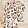 Women Plus Size Round Neck Short Sleeve Floral Printed Knot Hem Top Long Pants Two Piece Set