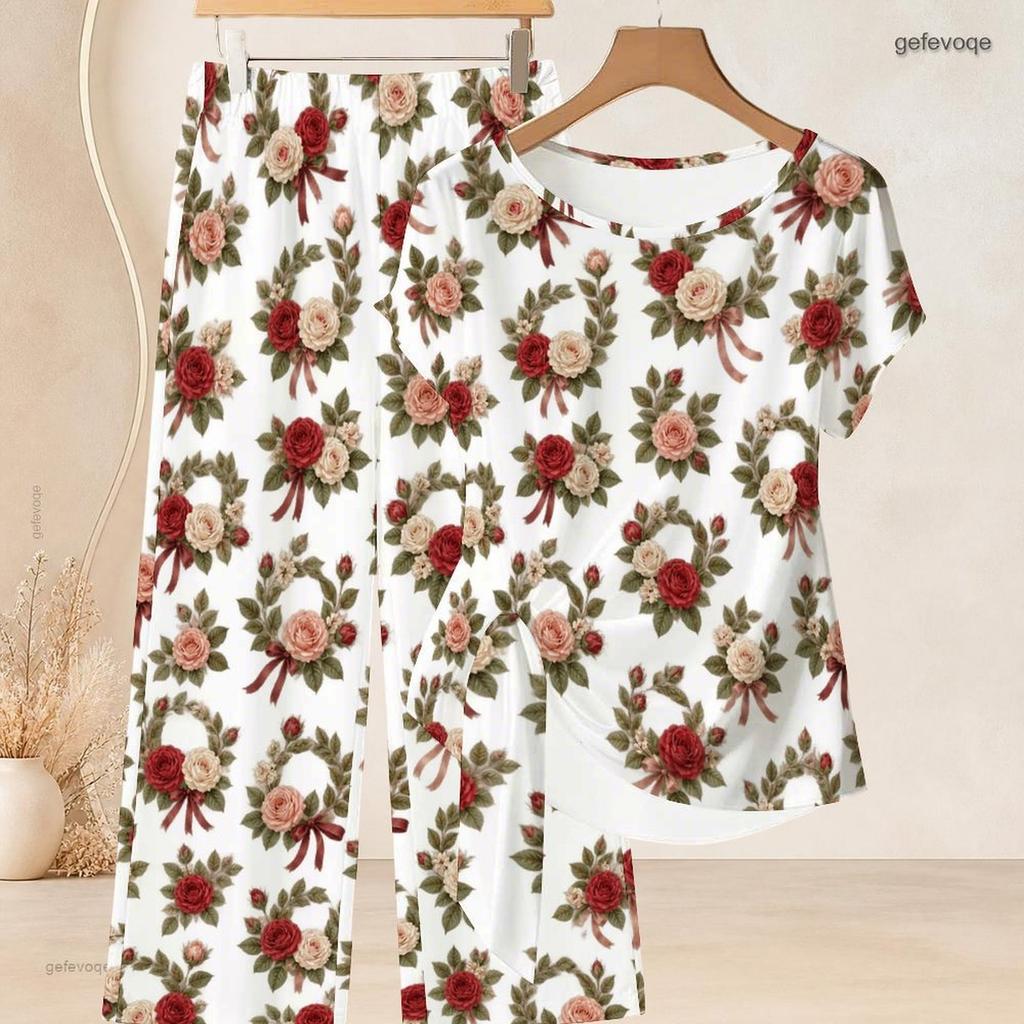 Women Plus Size Round Neck Short Sleeve Floral Printed Knot Hem Top Long Pants Two Piece Set
