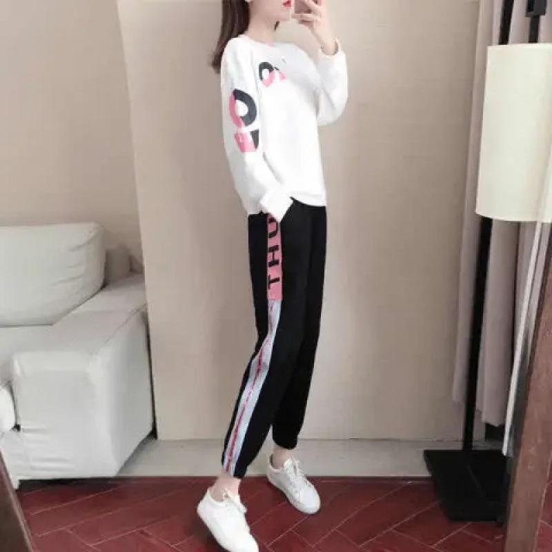 Dámský sportovní outfit s dlouhým rukávem - Jarní-podzimní trendy móda, Volný střih, Ležérní sada s mikinou v korejském stylu, Stylový design