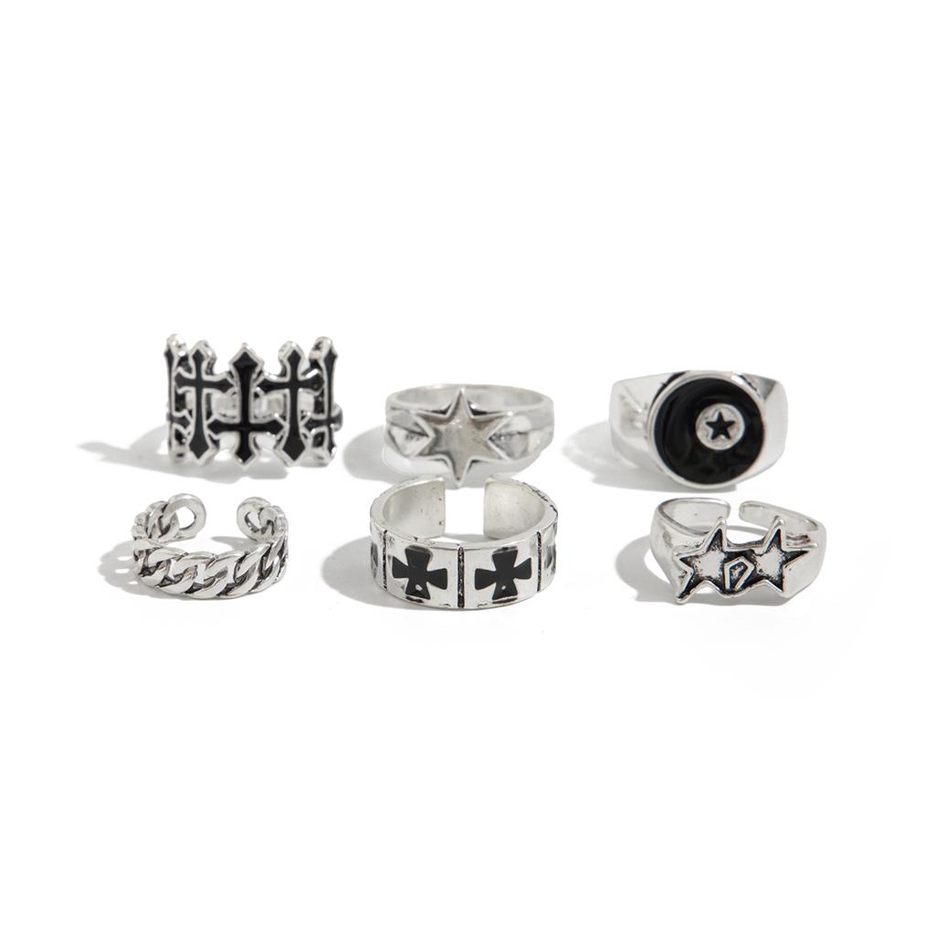 SHIXIN Lot de 6 bagues gothiques ouvertes en forme de croix et d'étoile pour homme, style punk géométrique, larges et ajustables, accessoires de bijoux pour Halloween