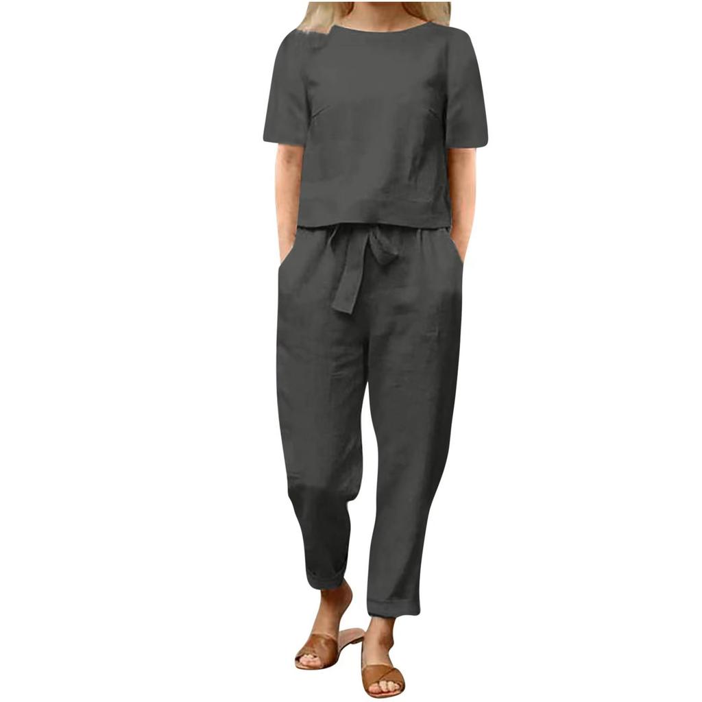 Large Size Women's Solid Color Retro Pants Suit Cotton and Linen Casual Long Sleeve Loose Cotton Suit