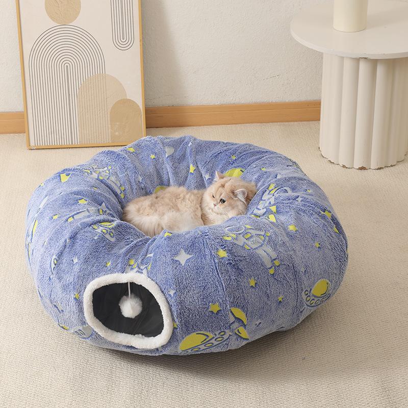 Glow In The Dark Donut Cat Bed Tunnel Foldable Multi functional Pet Hideaway (blue,Diameter 90CM) синий
