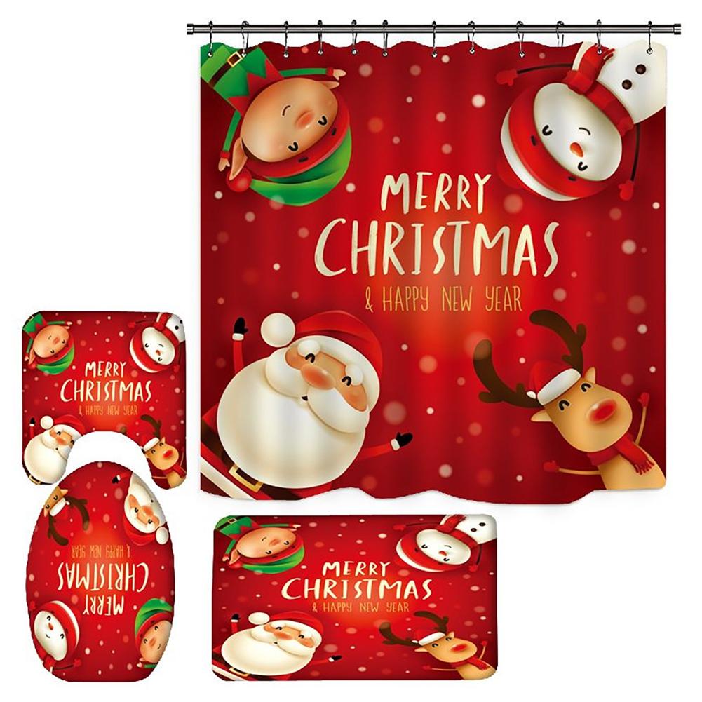 Merry Christmas Bathroom 4Pcs Set Snowman Santa Claus Pattern Waterproof Shower Curtain Toilet Cover Mat Non Slip Rug Home Decor