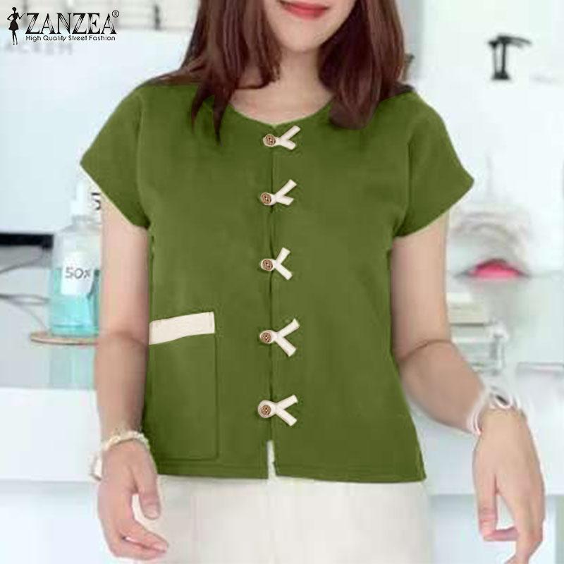 ZANZEA Kvinner Casual Rund Hals Sommer Kort Erm Bluse
