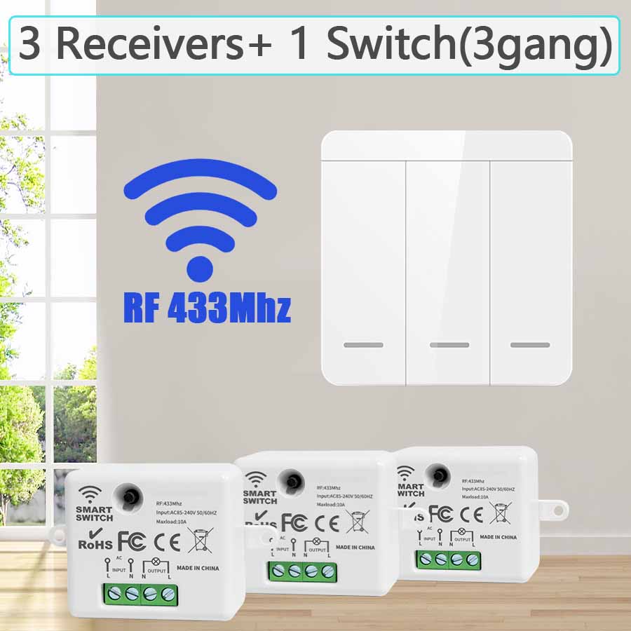 Interruttore a parete per luci wireless, ricevitore relè RF 433Mhz, interruttore a pannello 1/2/3 gang, interruttore di controllo remoto per lampada a LED 10A 110V 220V
