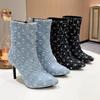 Cowboy High Heels Ankle Boots Women Bling Pointed Toe Shoes Chelsea 2024 Trend Sexy Stilettos Canvas Designer Snow Botas Mujer