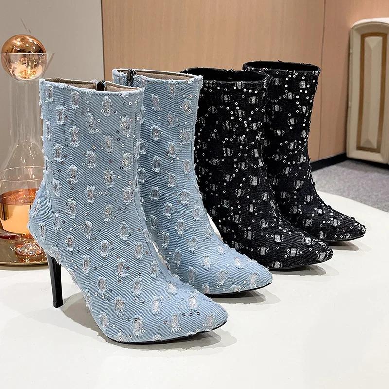 Cowboy High Heels Ankle Boots Women Bling Pointed Toe Shoes Chelsea 2024 Trend Sexy Stilettos Canvas Designer Snow Botas Mujer
