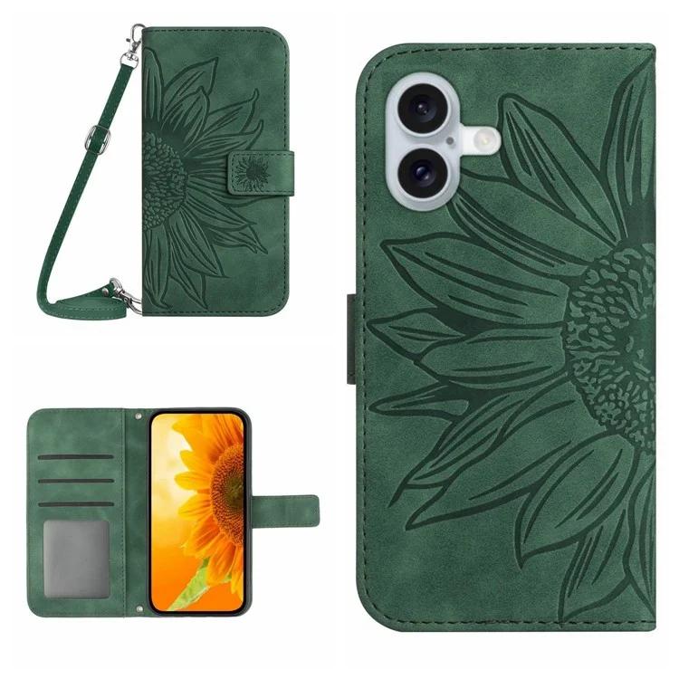 HT04 For iPhone 16 Plus Case with Shoulder Strap Leather Phone Cover Sunflower Pattern