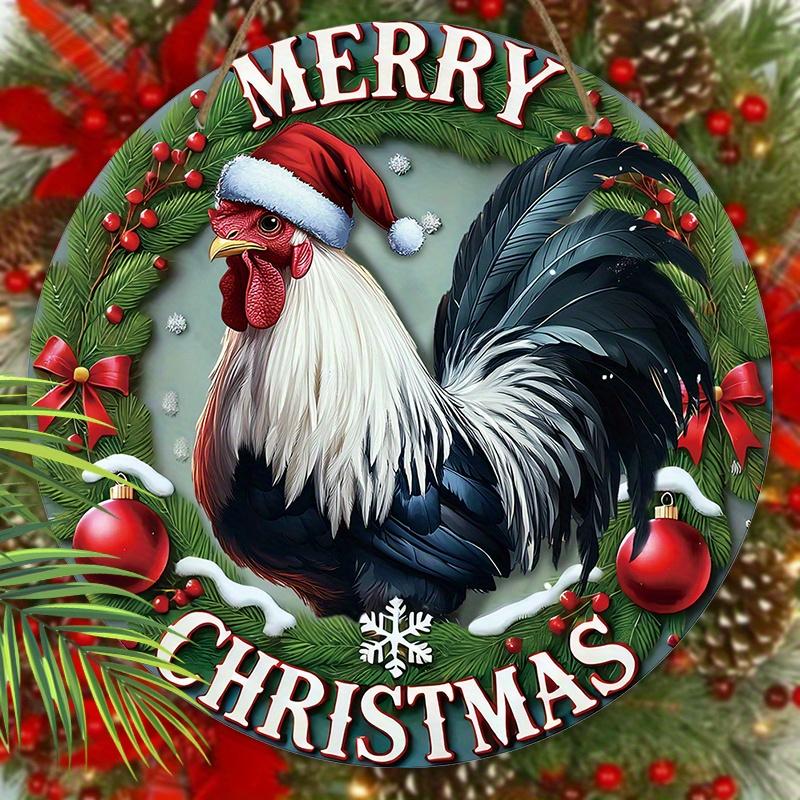 The Majestic Rooster Wooden Christmas Sign, Merry Christmas Round Sign for Front Door Wall Hanging Decor, Ideal Christmas Gift